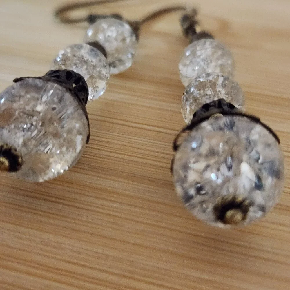 Hand Crafted Earrings Pierced Clear Bronze Beaded Dangle